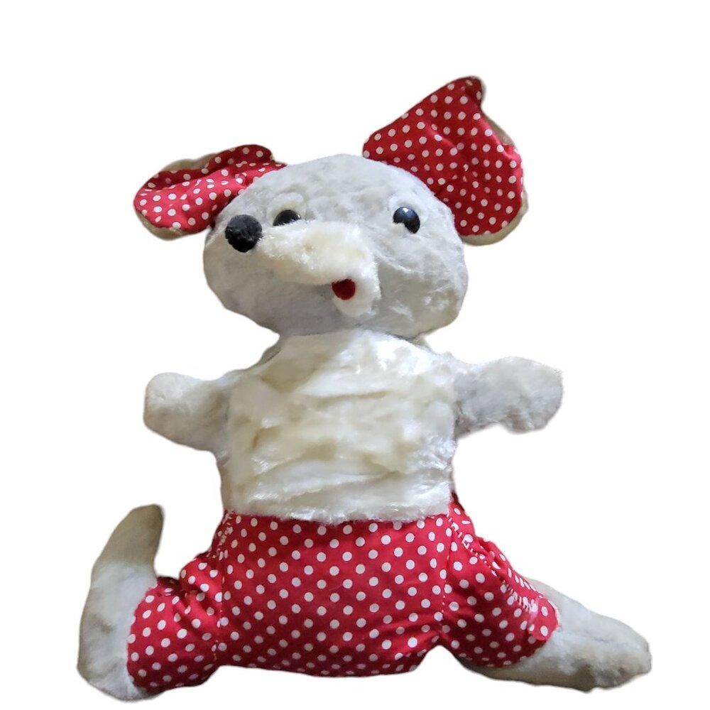 Vintage Polka Dot Plush Mouse Toy With Red Bow & Pants